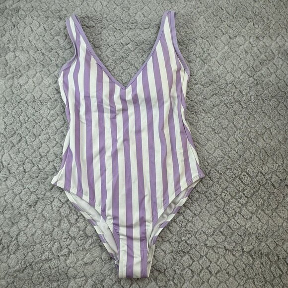 Kona Sol Purple & White Striped One-Piece Swimsuit With Adjustable Straps Size L - Picture 3 of 5